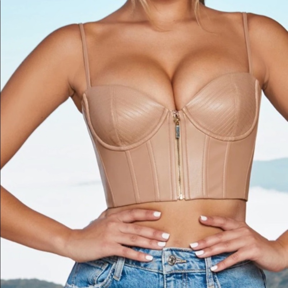 Oh Polly Faux Leather Underwired Bustier - Stone